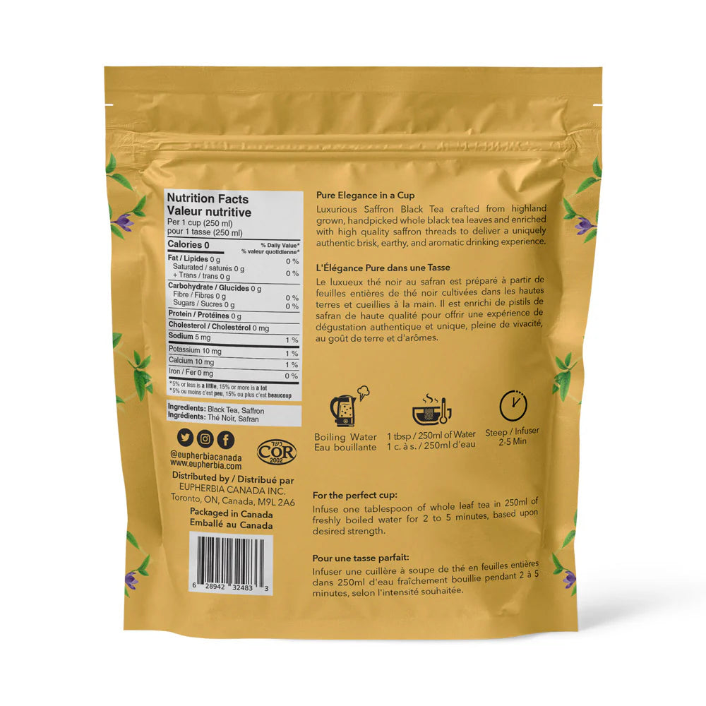 Thé Noir au Safran - Feuilles Entières, Enrichi en Safran - 227 g, Sachet Refermable