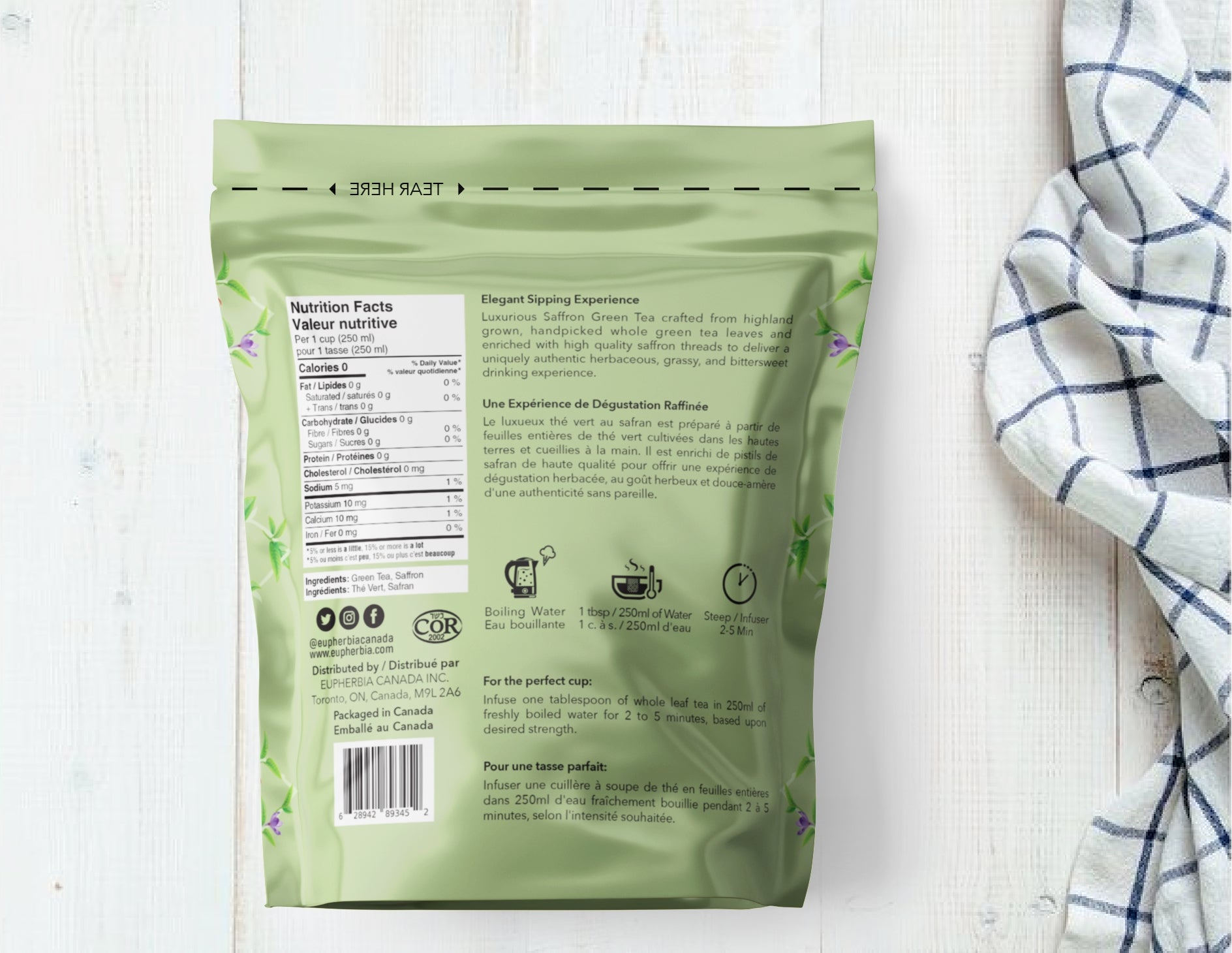 Thé vert au Safran - Feuilles Entières, Enrichi en Safran - 227 g, Sachet Refermable