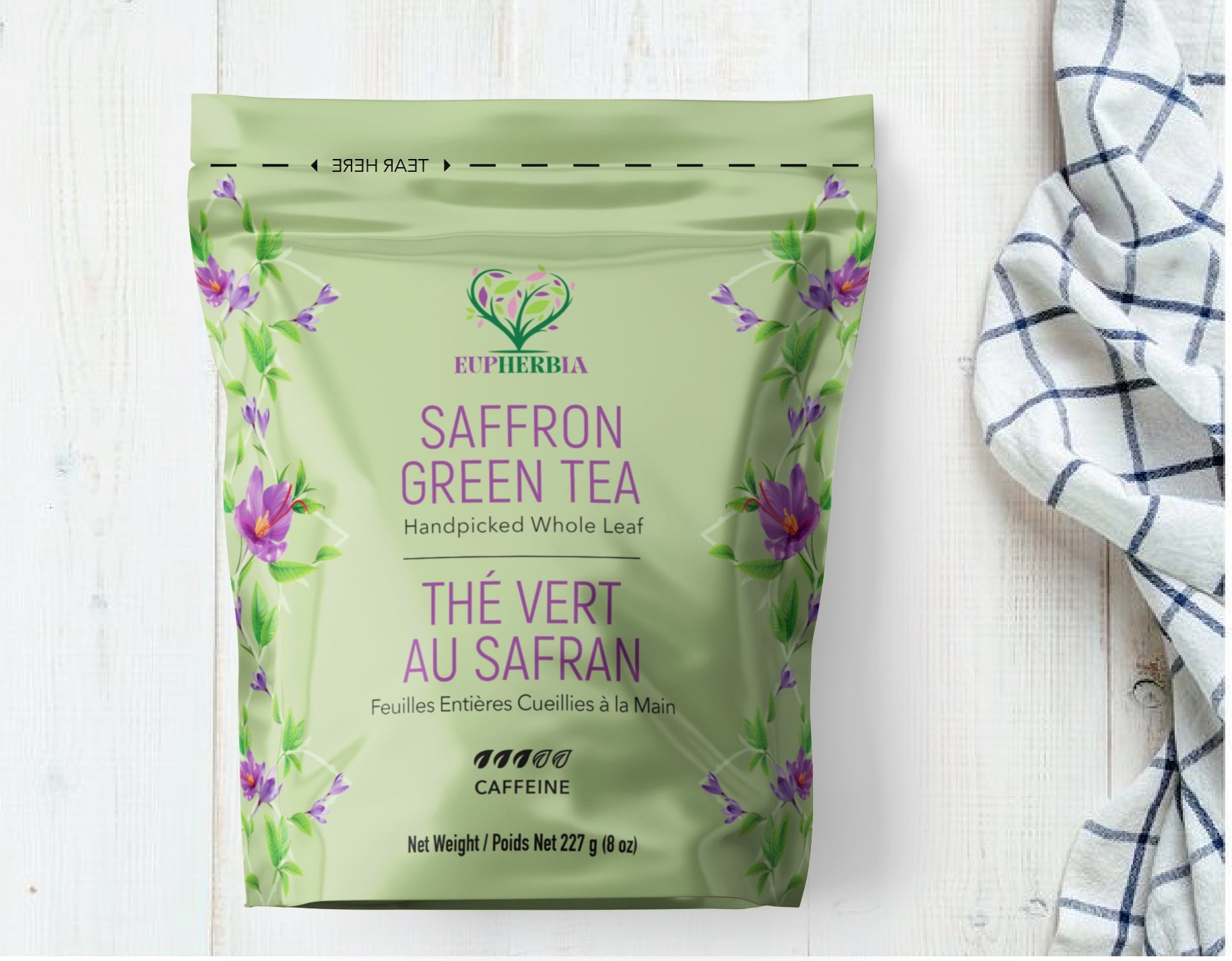 Thé vert au Safran - Feuilles Entières, Enrichi en Safran - 227 g, Sachet Refermable